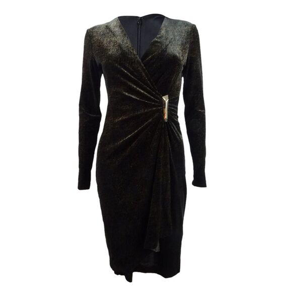 Calvin Klein Women's Velvet Draped Wrap Dress - Black/Gold - Picture 1 of 3